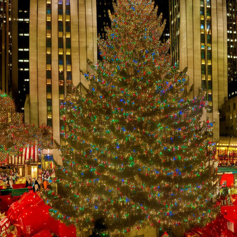 Giant Christmas tree with colorful lights in urban setting