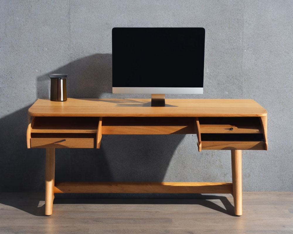 Wooden Desk with Curved Edges, Open Drawer, Blank Monitor, Stainless Steel Tumbler