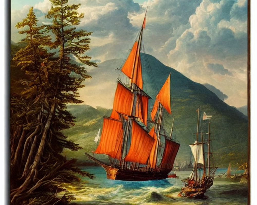 Classic Painting: Two Sailing Ships with Red Sails on Turbulent Sea