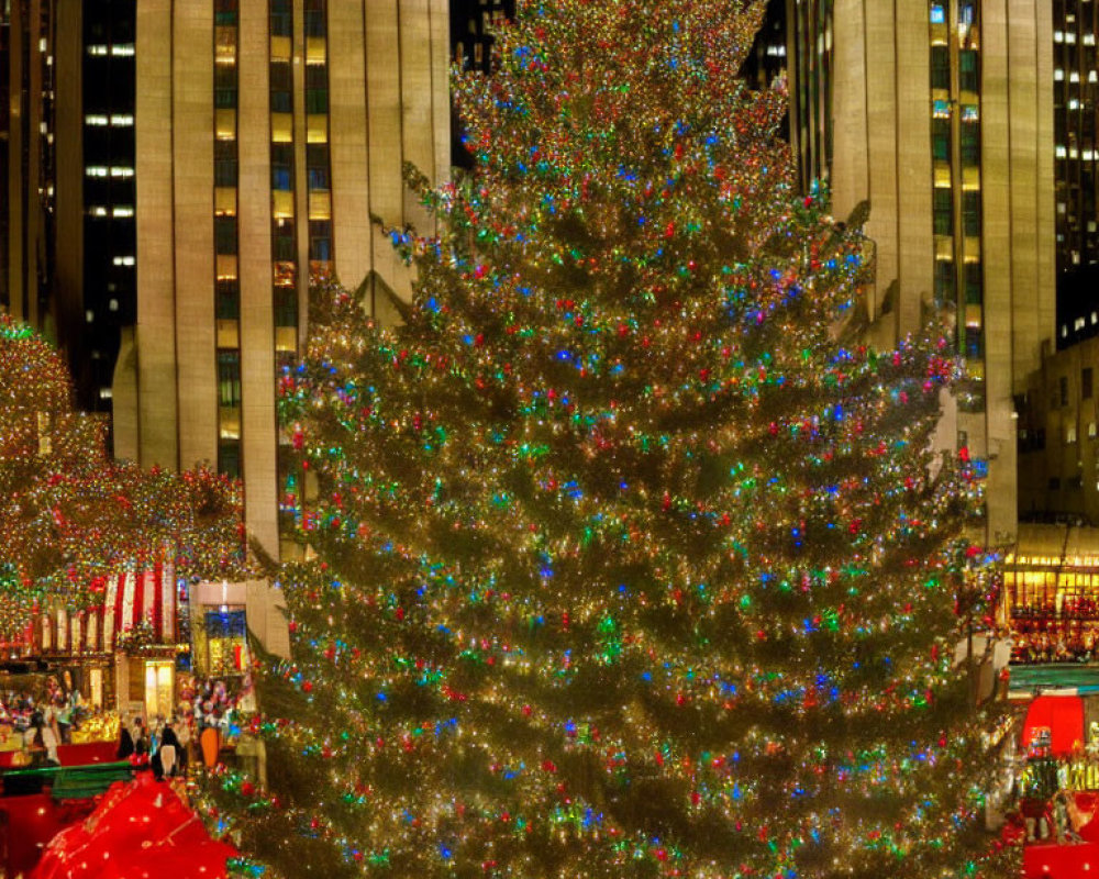 Giant Christmas tree with colorful lights in urban setting