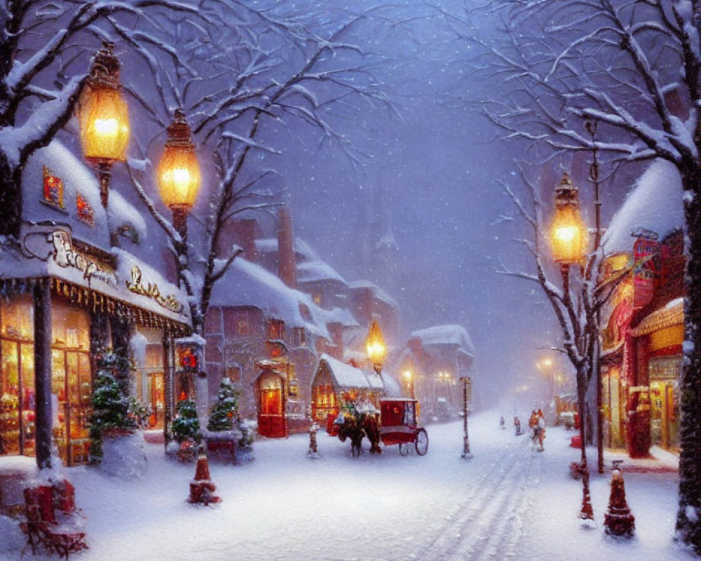 Snowy Street Scene with Shops, Carriage, and Pedestrians