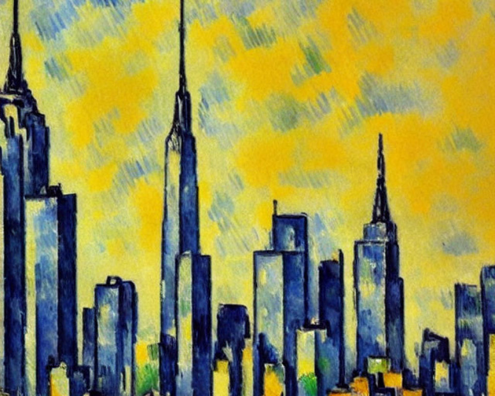 City skyline painting with skyscrapers under blue and yellow sky