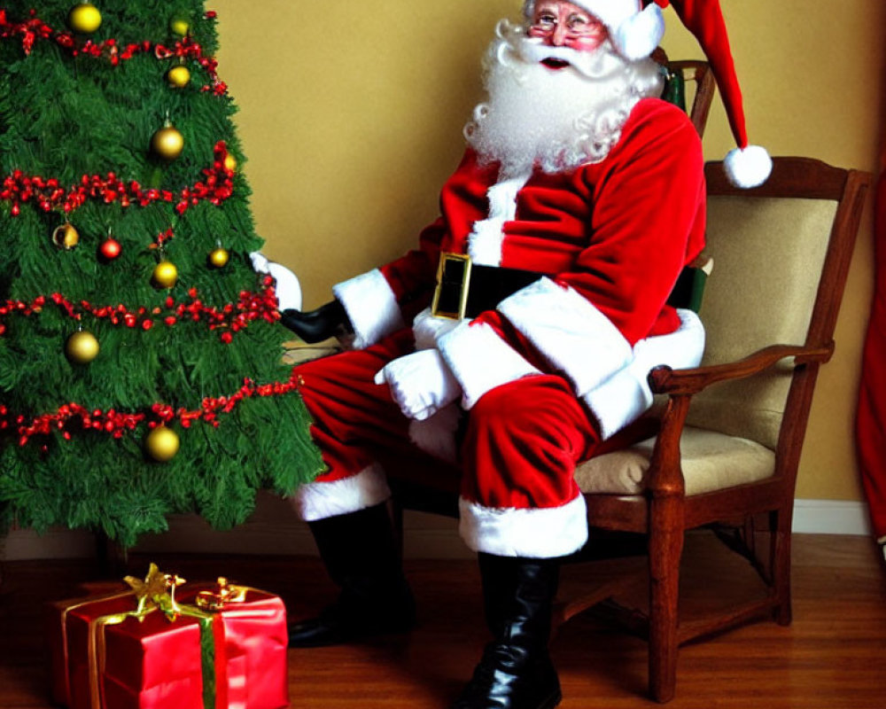 Santa Claus sitting beside Christmas tree with gift.