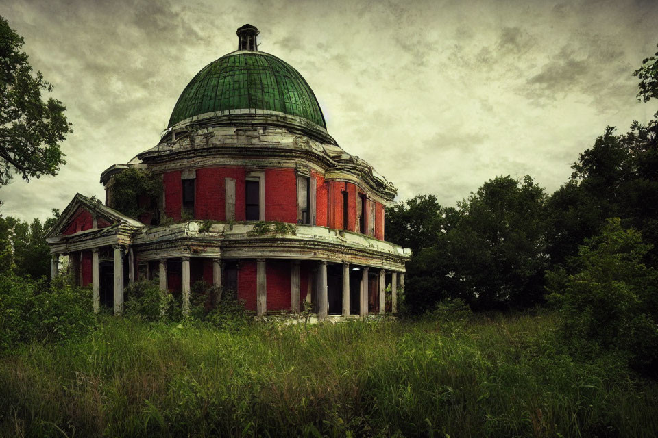 Abandoned red-domed building with green copper roof in overgrown surroundings