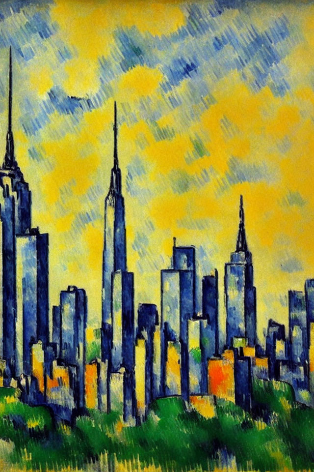 City skyline painting with skyscrapers under blue and yellow sky