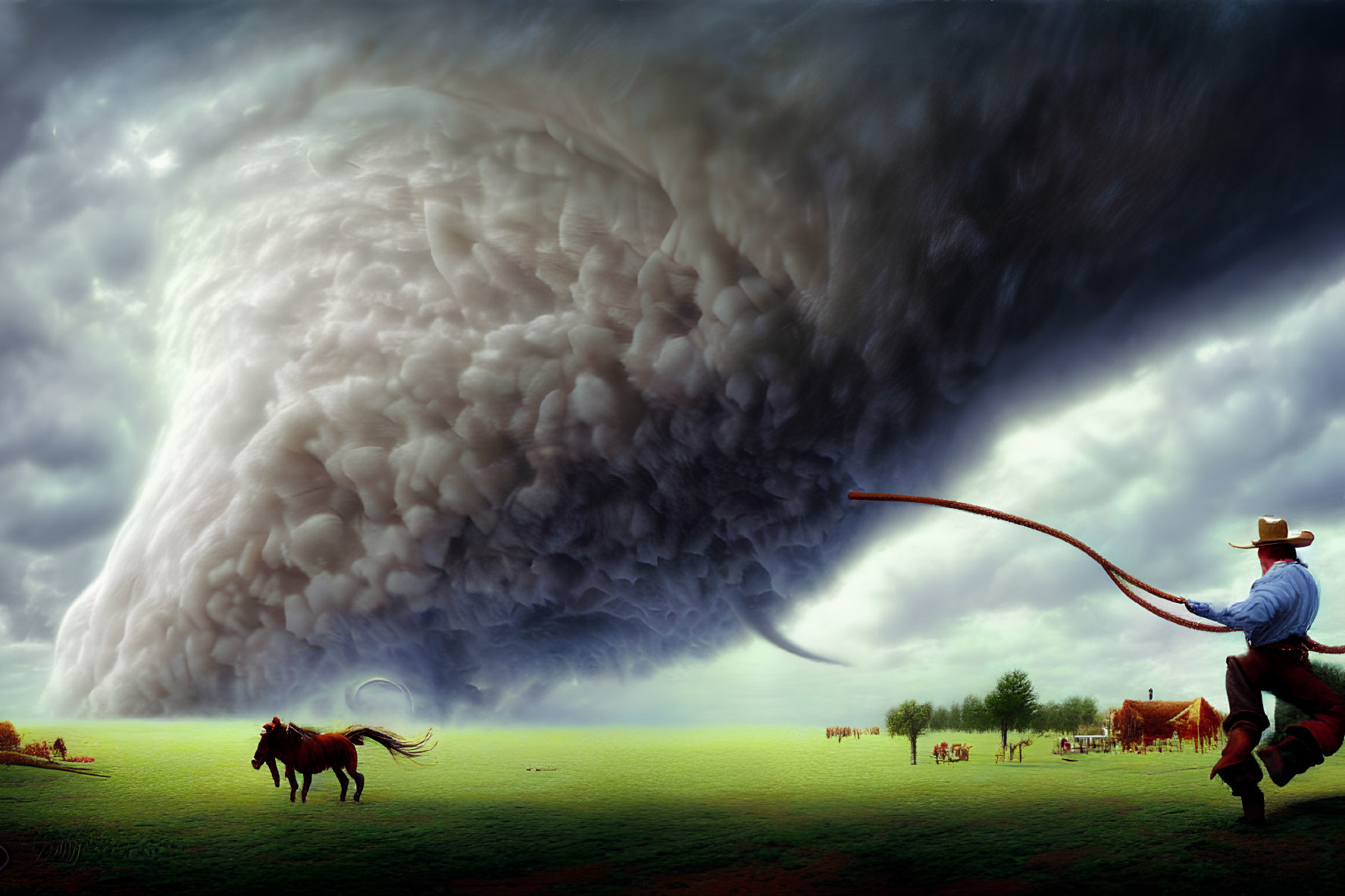 Cowboy swinging lasso with tornado over prairie, horses and cattle.