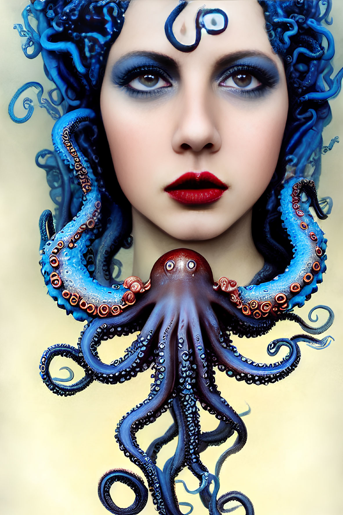 Blue Curled Hair and Octopus Tentacles with Third Eye on Yellow Background