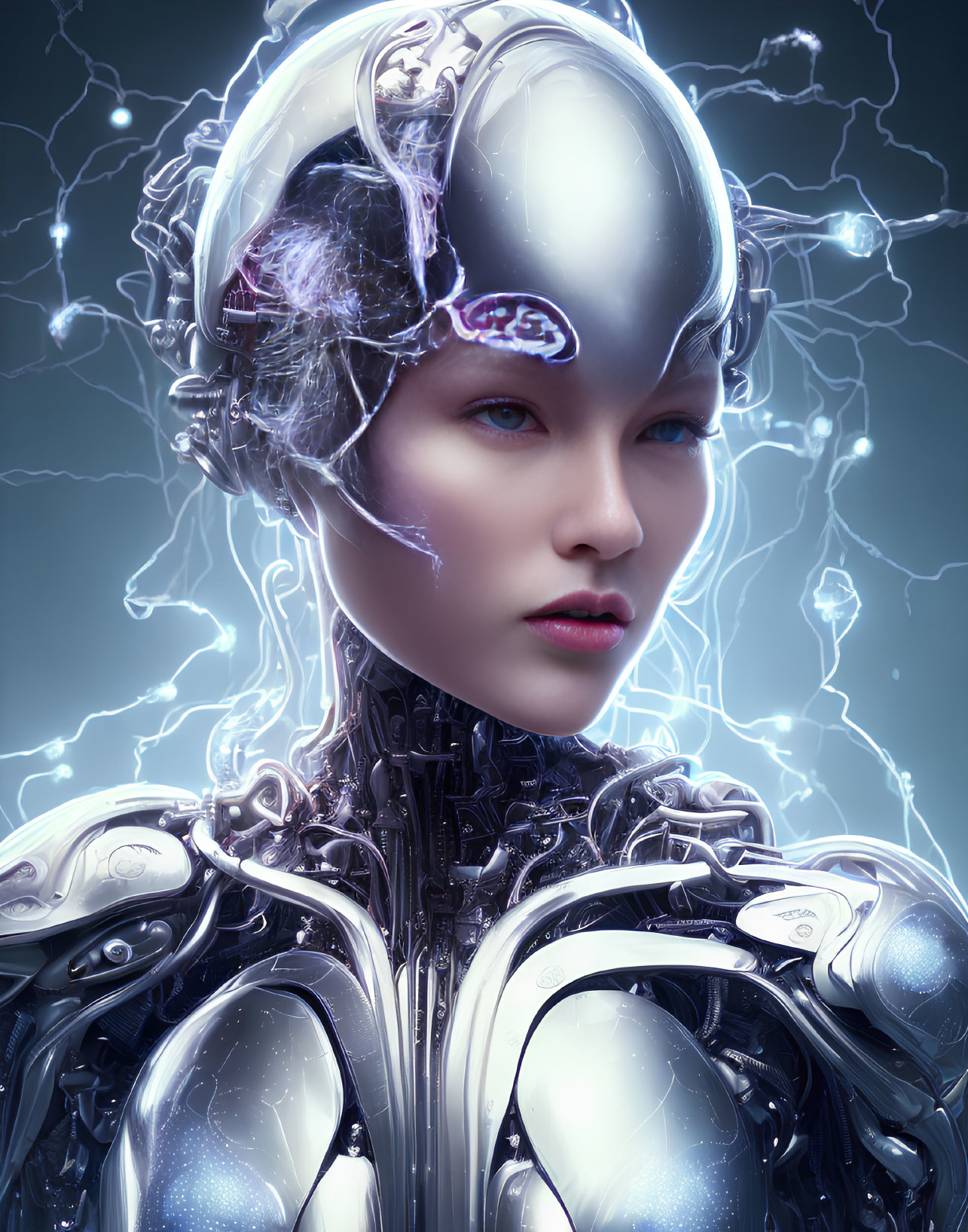 Metallic humanoid robot with visible brain under dome amidst lightning strikes