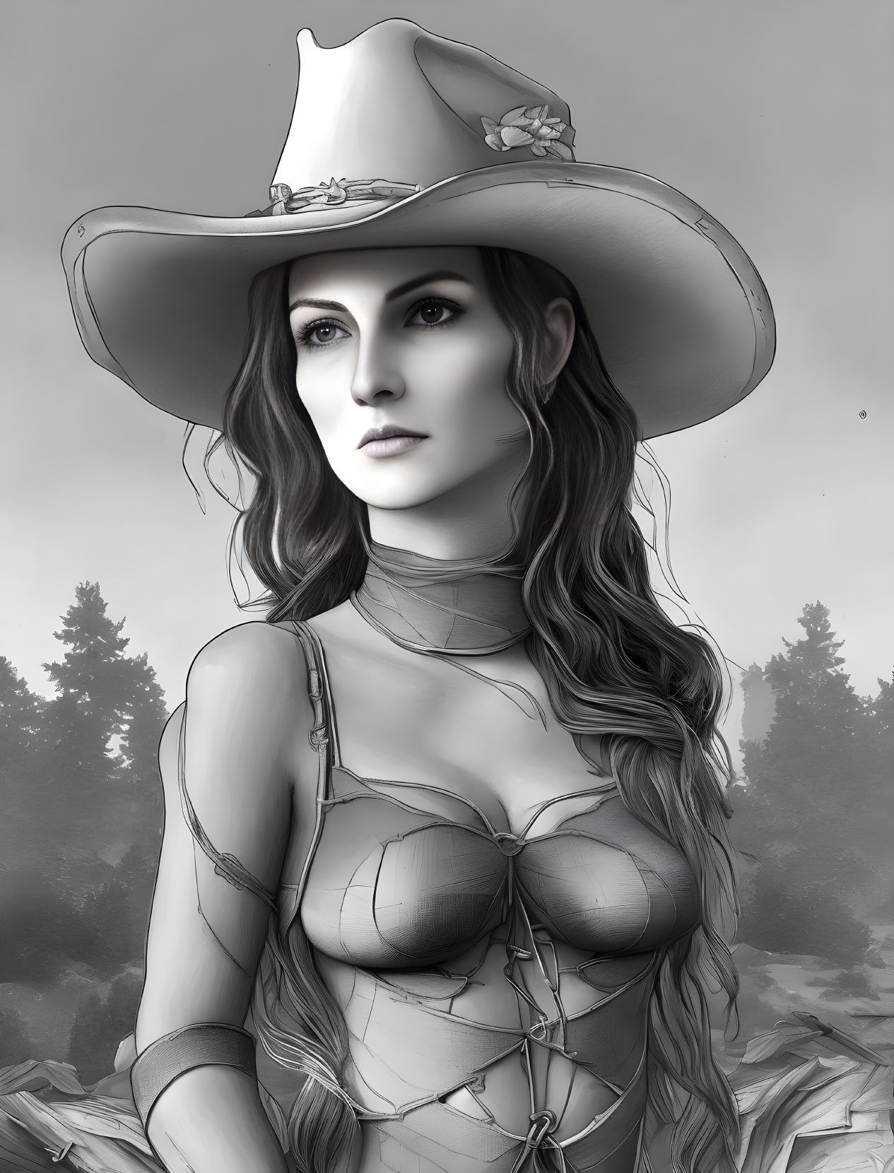 Monochrome illustration of woman in wide-brimmed hat and detailed bodice against forest backdrop