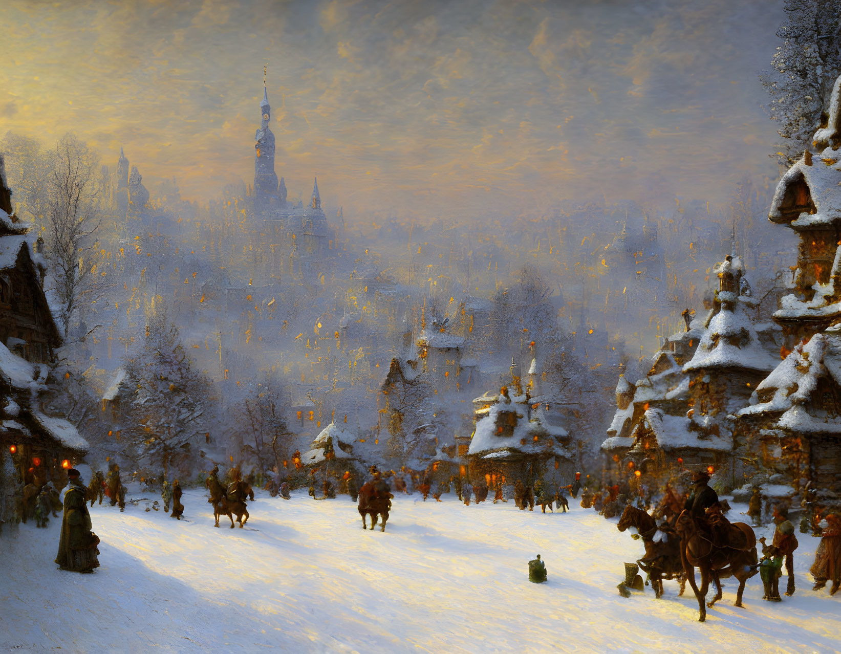 Snow-covered village with cottages, sleighs, villagers, and castle in golden winter scene