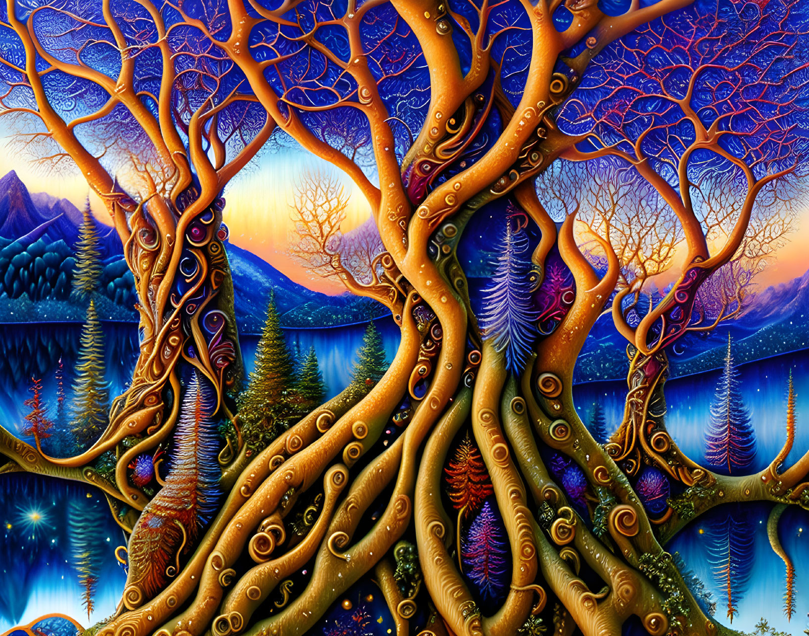 Surreal painting of intertwined trees in mystical forest