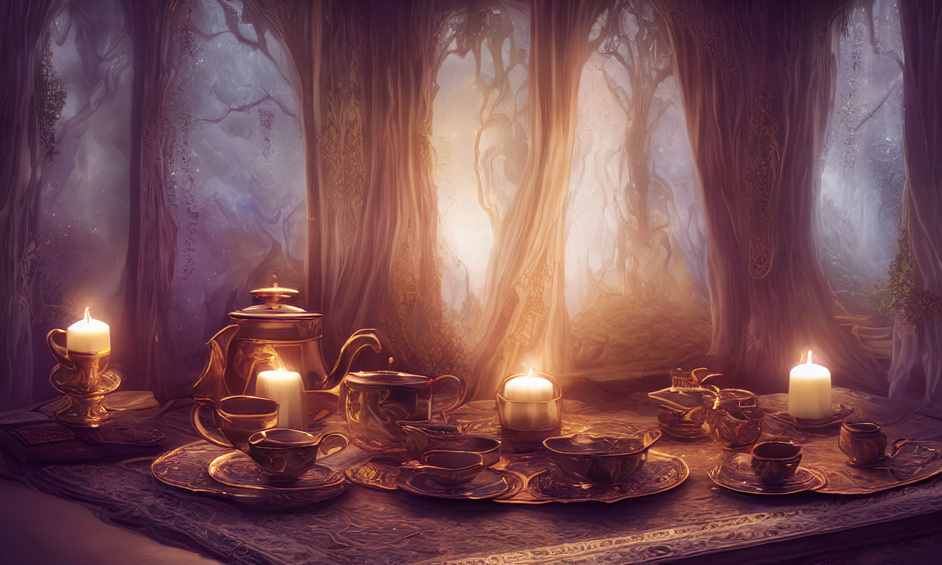 Enchanting forest tea party with candles and mystical trees