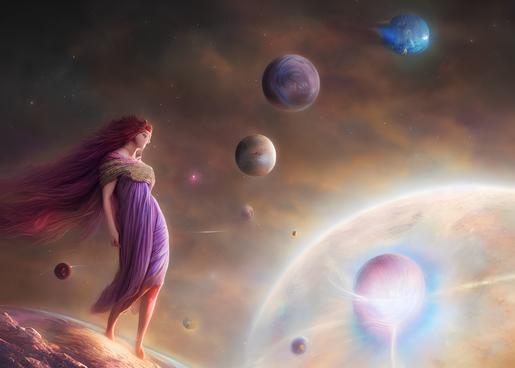 Woman with flowing hair on celestial body gazes at vibrant cosmos