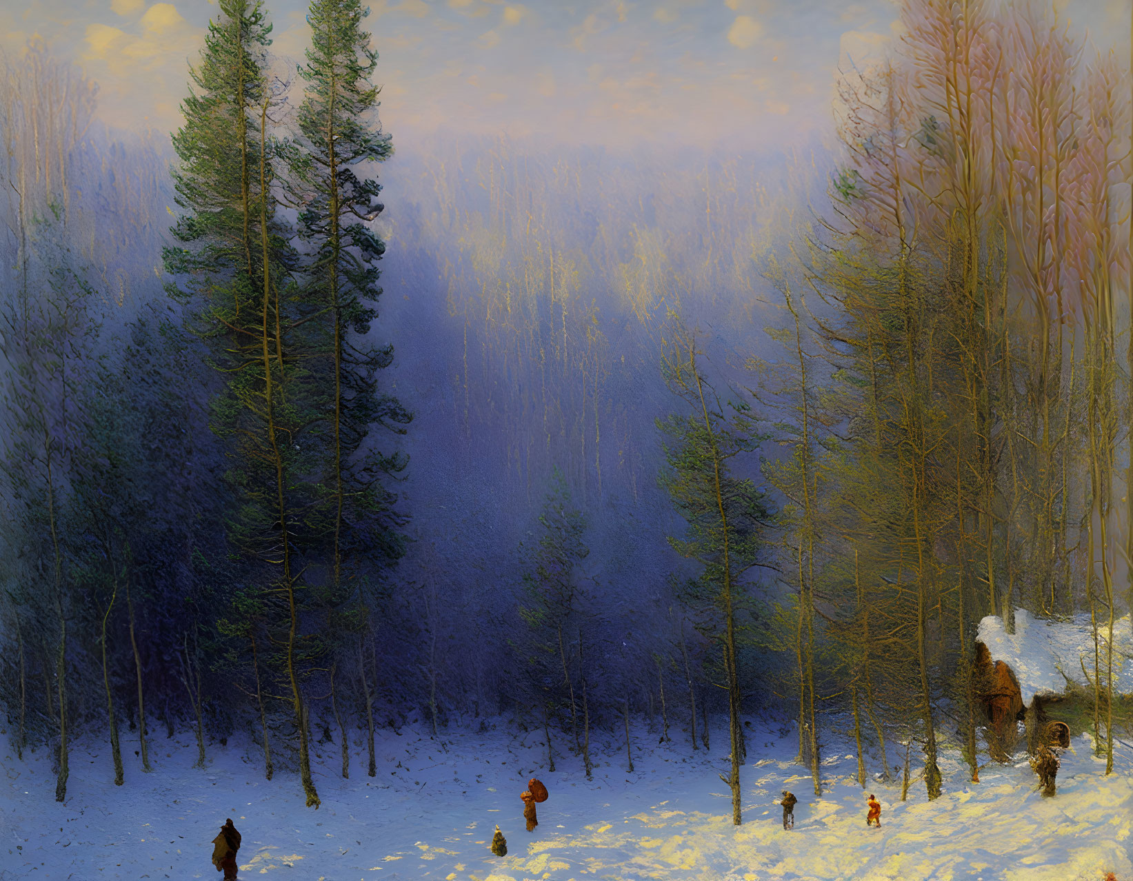 Snowy Twilight Landscape with Tall Trees and Figures