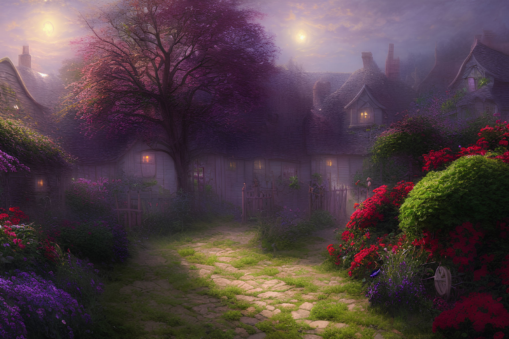 Fairytale village at twilight: cobblestone path, blooming flowers, quaint cottages,