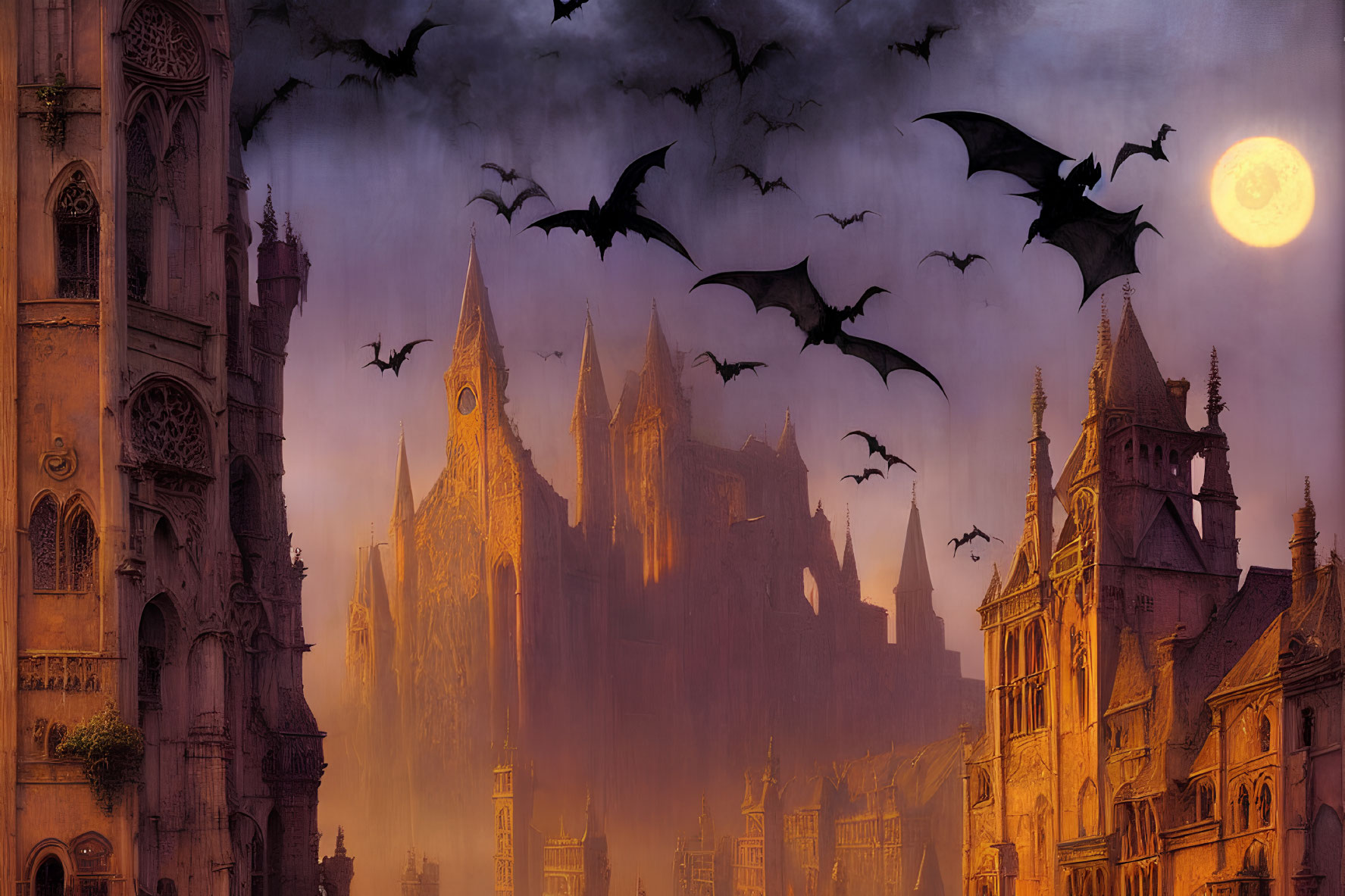 Gothic cathedral silhouettes with flying bats under moonlit sky