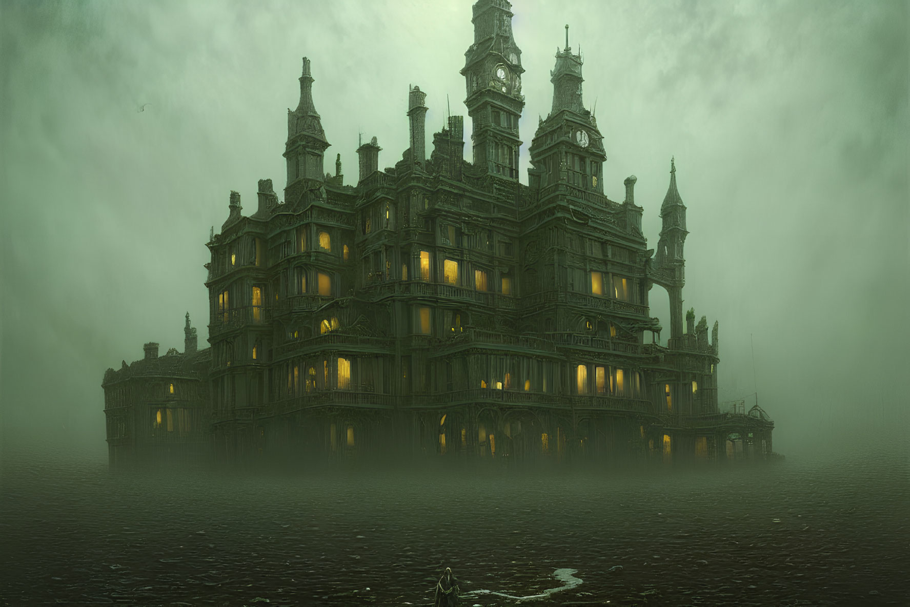 Spooky Victorian mansion in fog with dimly lit windows