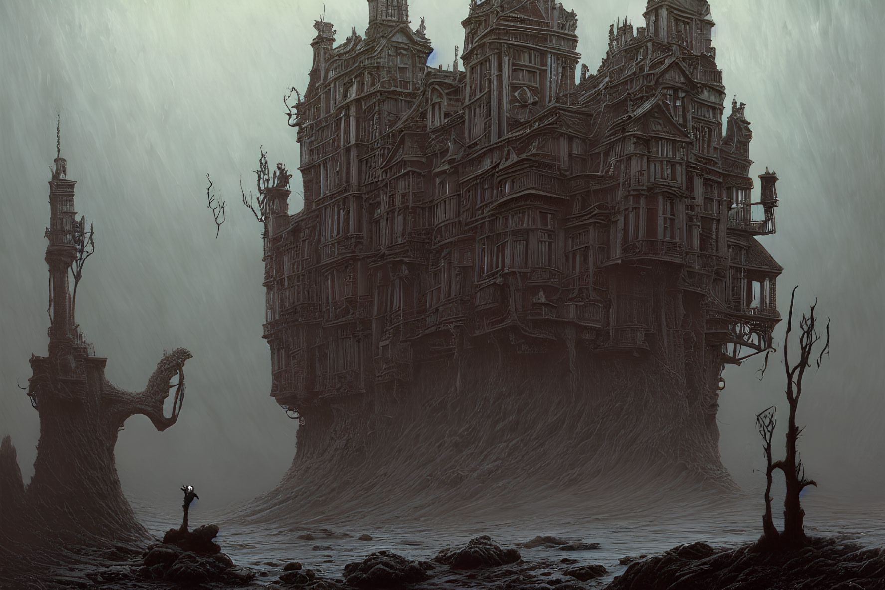 Dilapidated, intricate structure in desolate landscape with lone figure