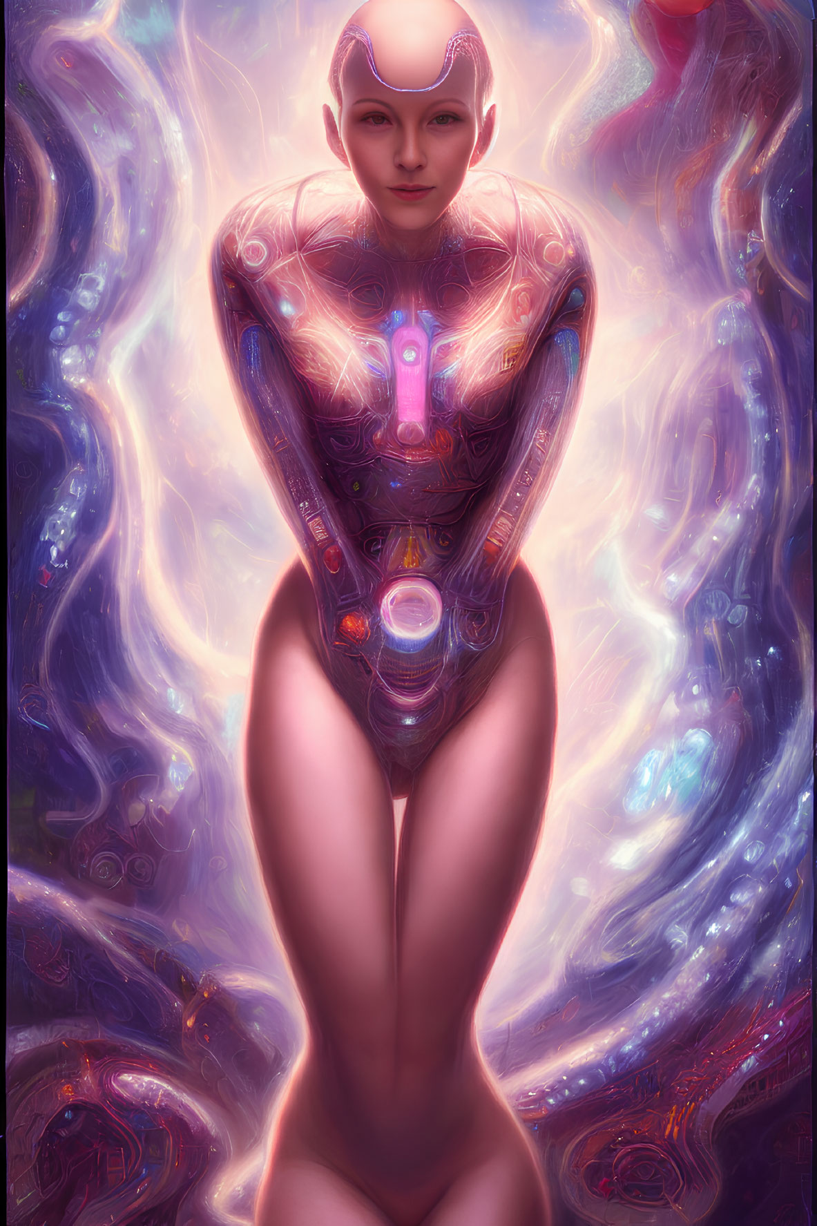 Futuristic androgynous humanoid android in cosmic setting