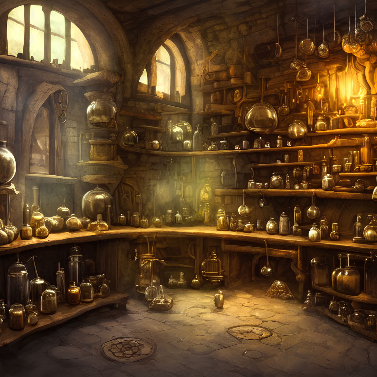 Mystical Alchemist's Lab with Bottles and Flasks in Warm Light