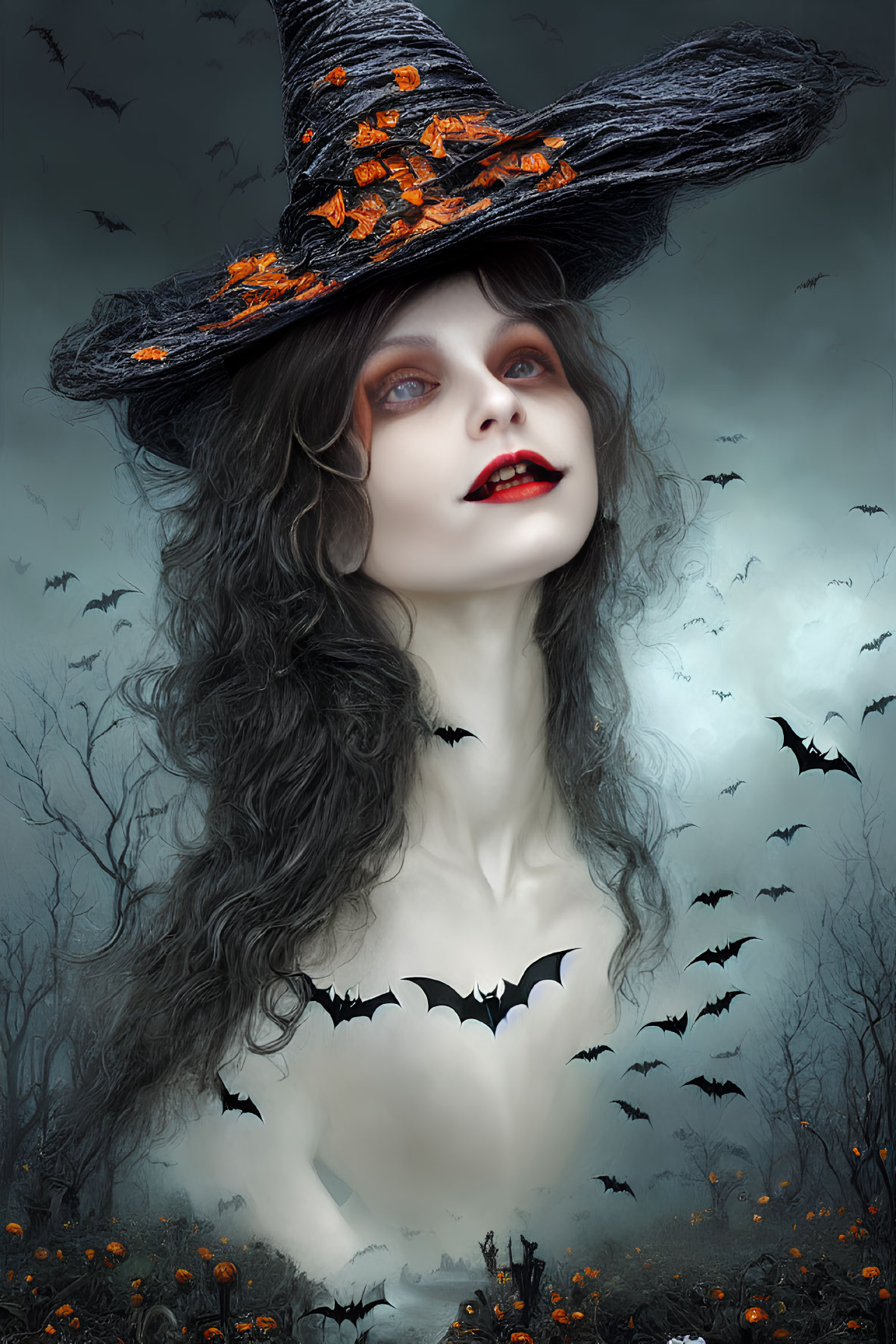 Woman in witch costume with bats and pumpkins in spooky setting