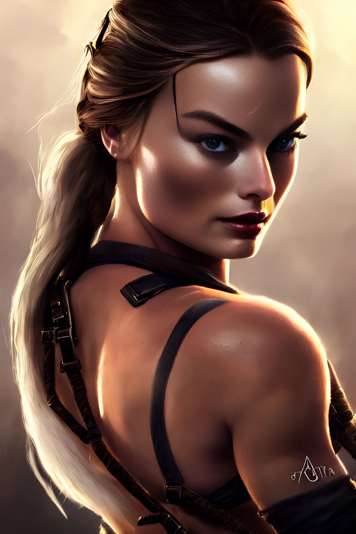 Digital artwork: Woman with braided hair, intense gaze, in strappy outfit against warm background