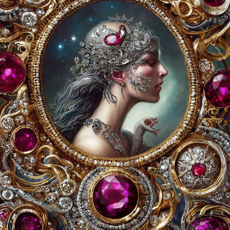 Profile portrait of woman with intricate jewelry and swan in ornate golden frame.