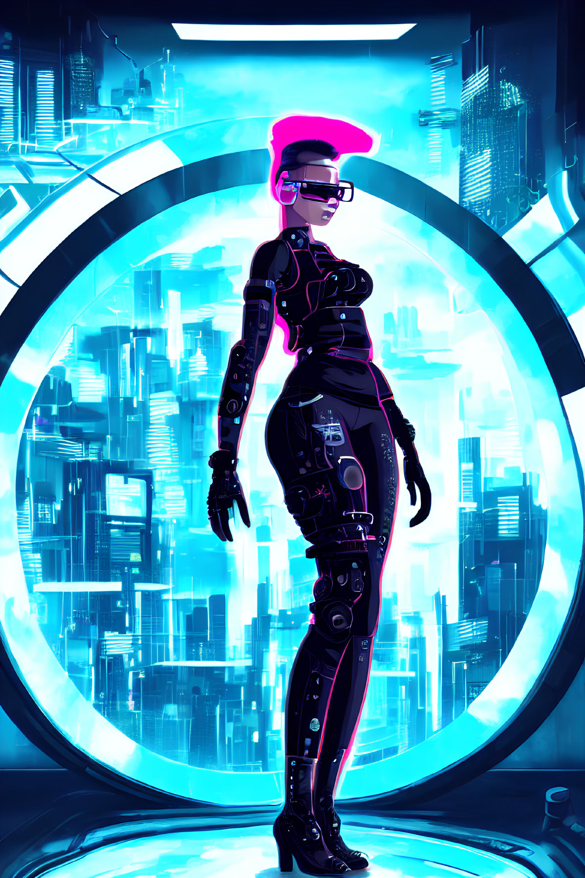 Futuristic female figure with cybernetic enhancements in neon-lit cityscape.