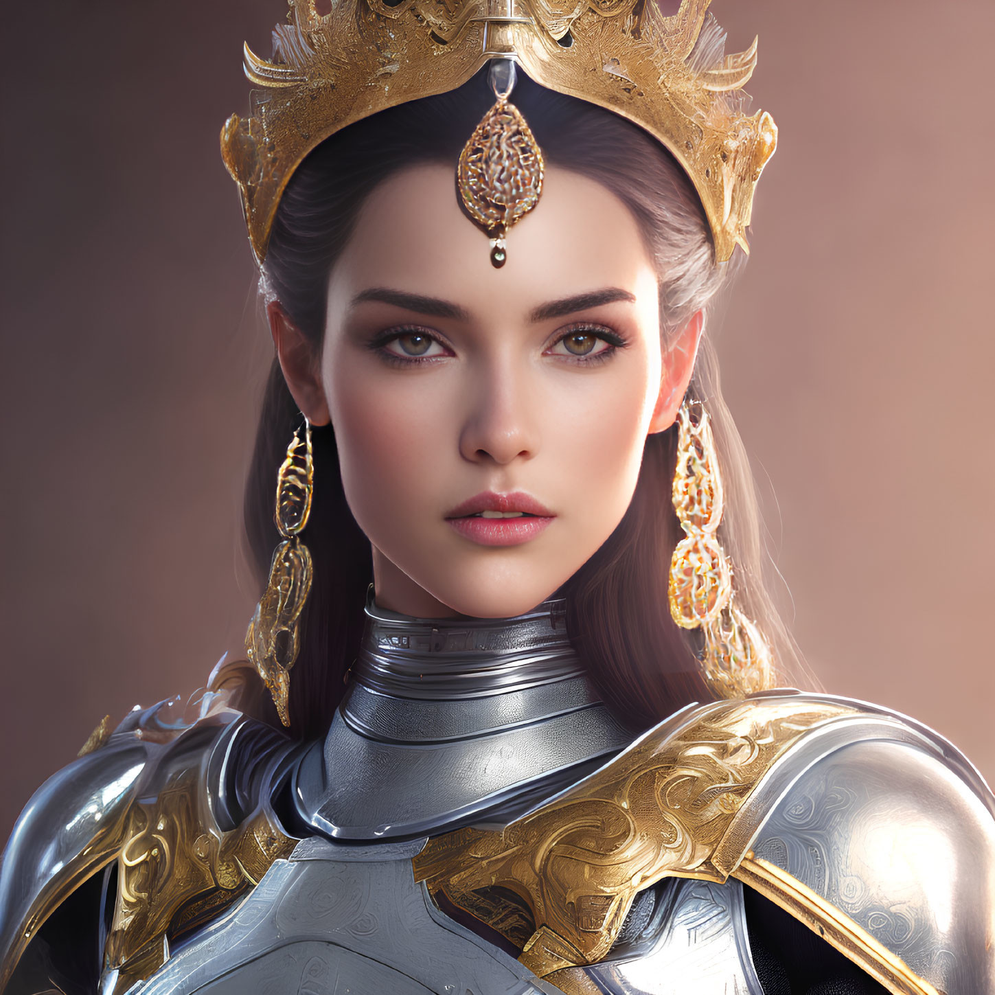 Regal woman in golden crown and armor with intricate designs and jewels