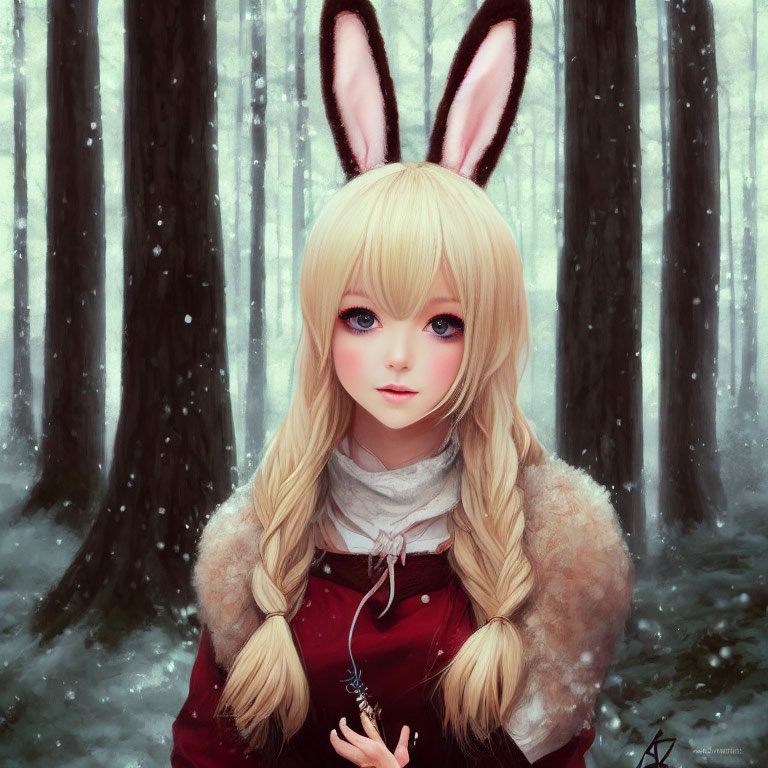 Blond-haired girl with rabbit ears in red dress in snowy forest