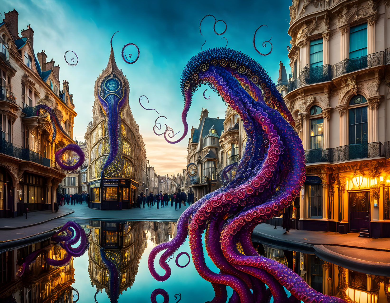 Colorful octopus tentacles and peacock-tail building in surreal cityscape