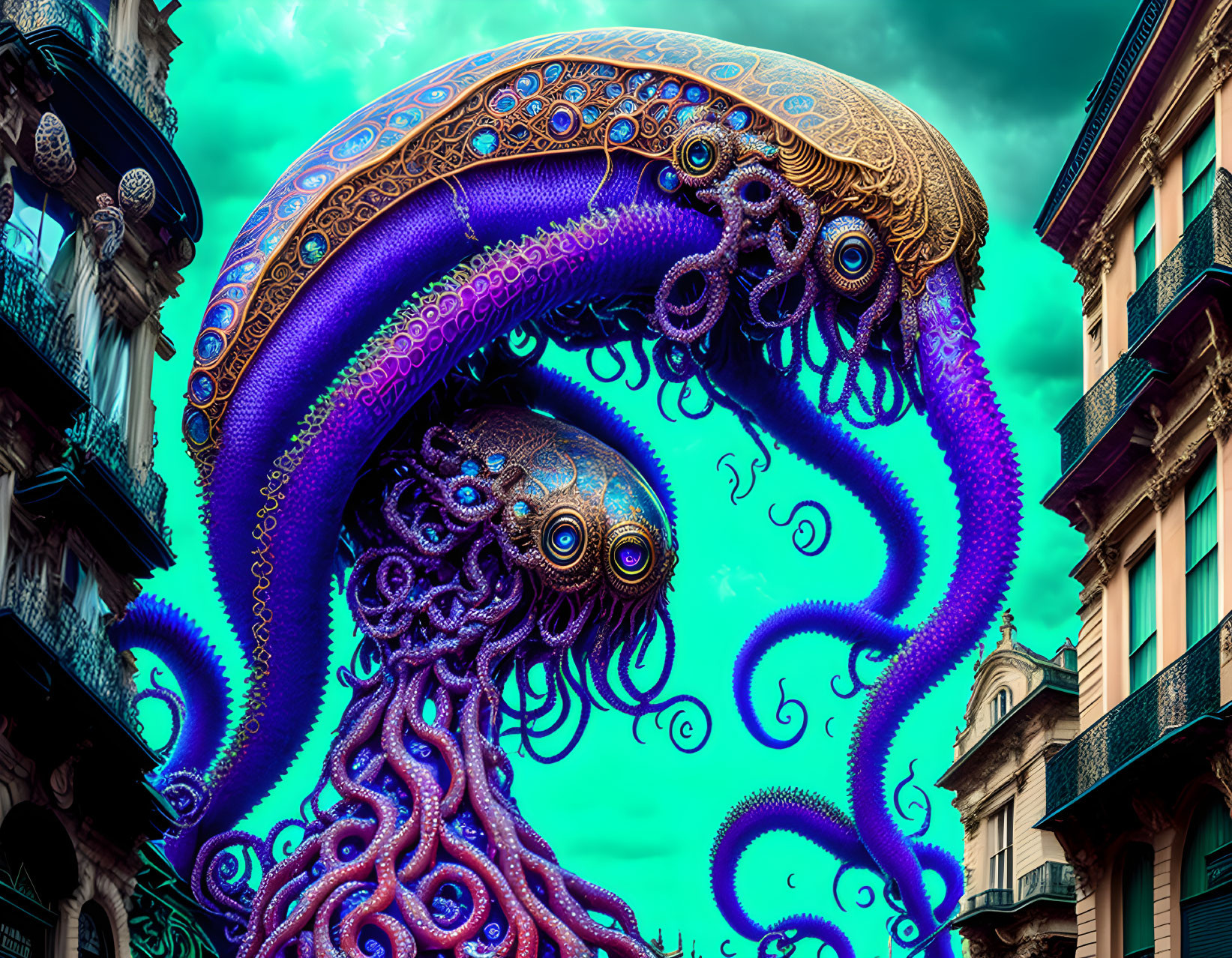 Intricate purple octopus over European-style street scene