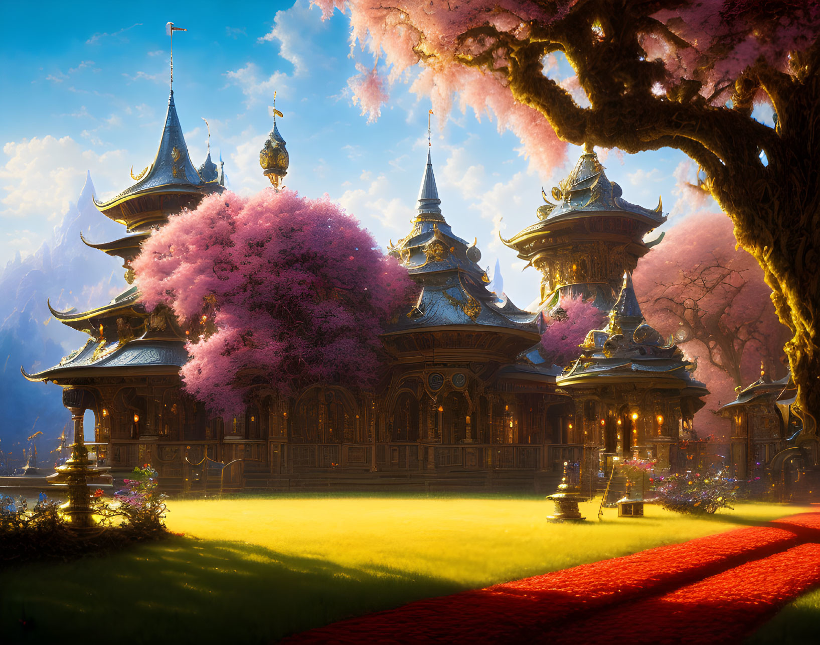 Digital artwork featuring traditional-style pagoda buildings and pink blooming trees in warm light