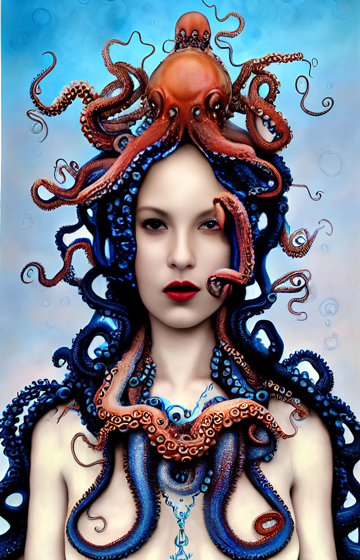 Surreal portrait of woman with octopus on head, tentacles around neck, blue backdrop