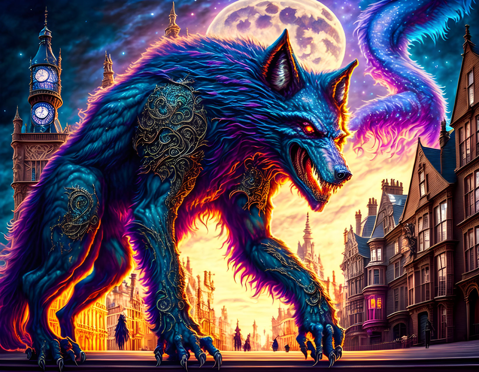 Blue mystical wolf with glowing patterns in old London street under pink and blue sky