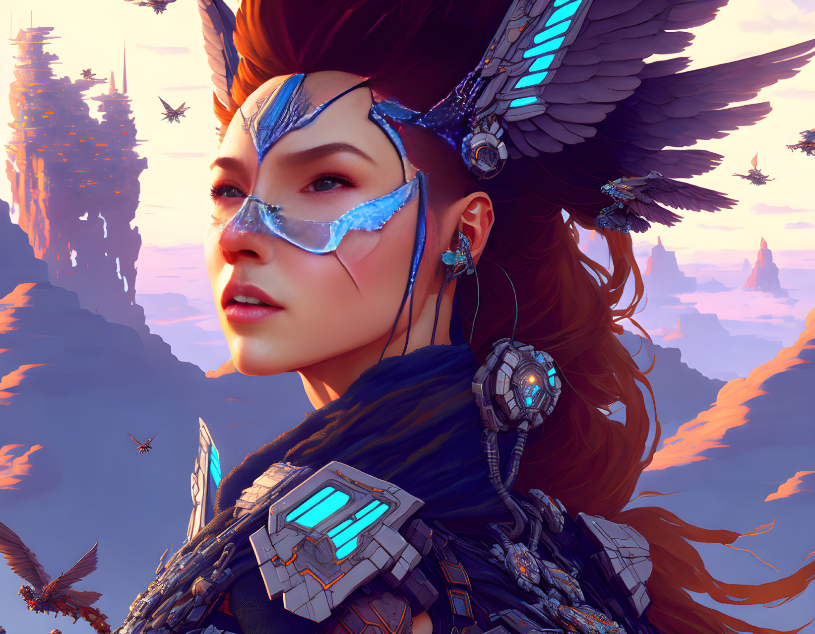 Futuristic digital artwork of a woman in armor with glowing blue elements and fantasy landscape