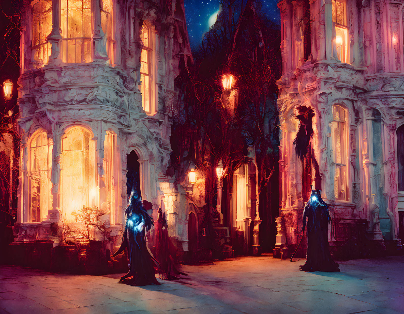 Ethereal night scene at illuminated mansion with mysterious figures