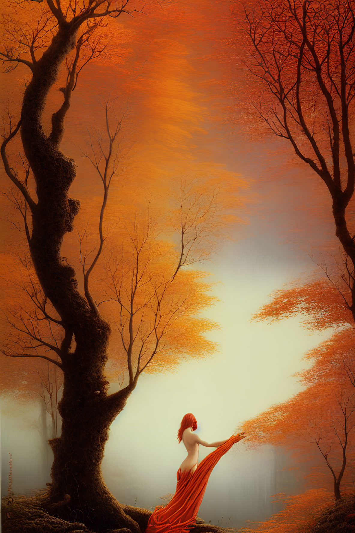 Woman in Red Dress Surrounded by Autumn Forest Landscape