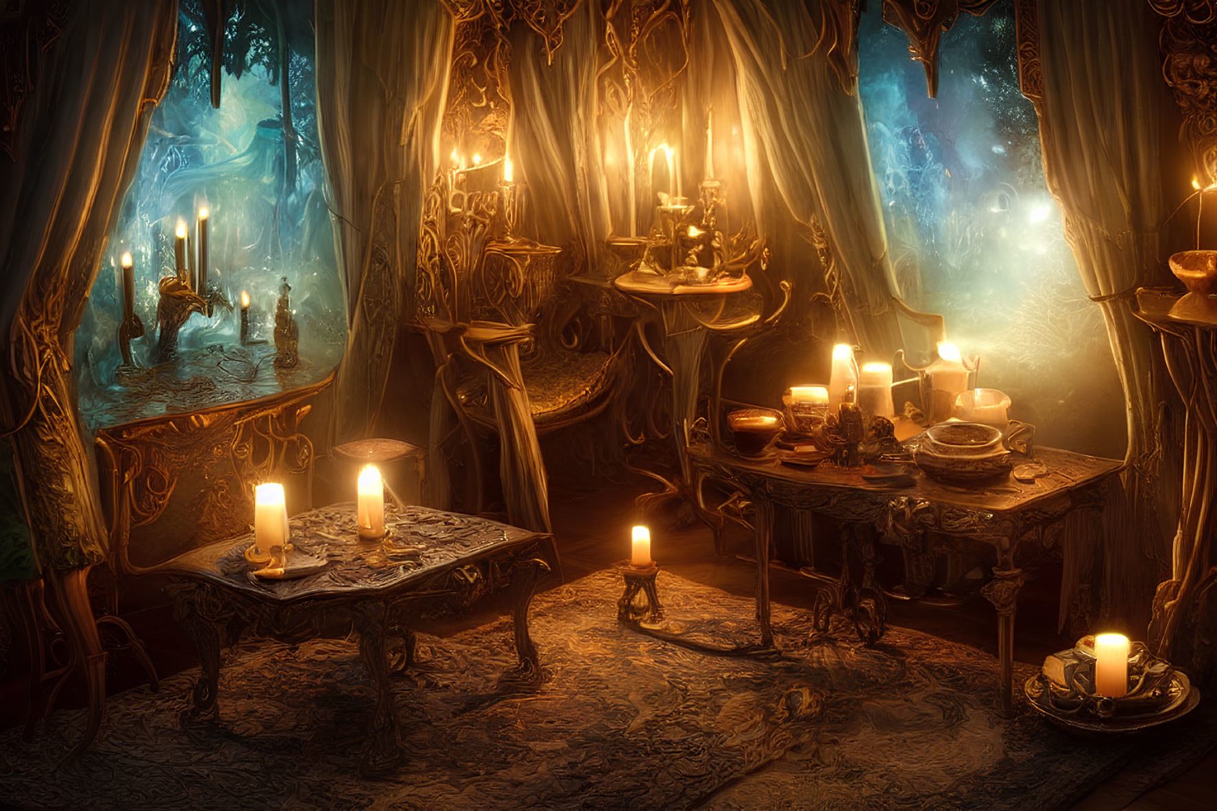 Enchanting room with candles, ornate furniture, billowing drapes, and glowing portal.