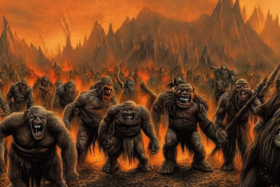 Monstrous Ogre-like Creatures in Fiery Hellish Landscape