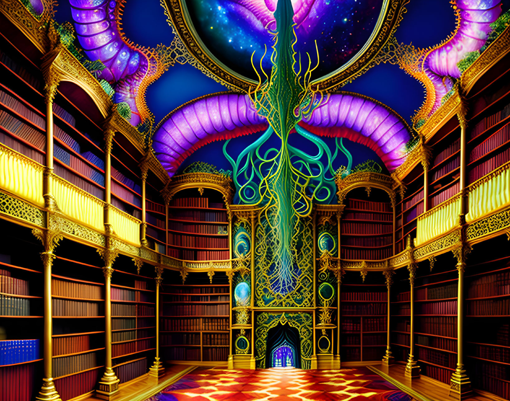 Ornate library with towering bookshelves and celestial ceiling art