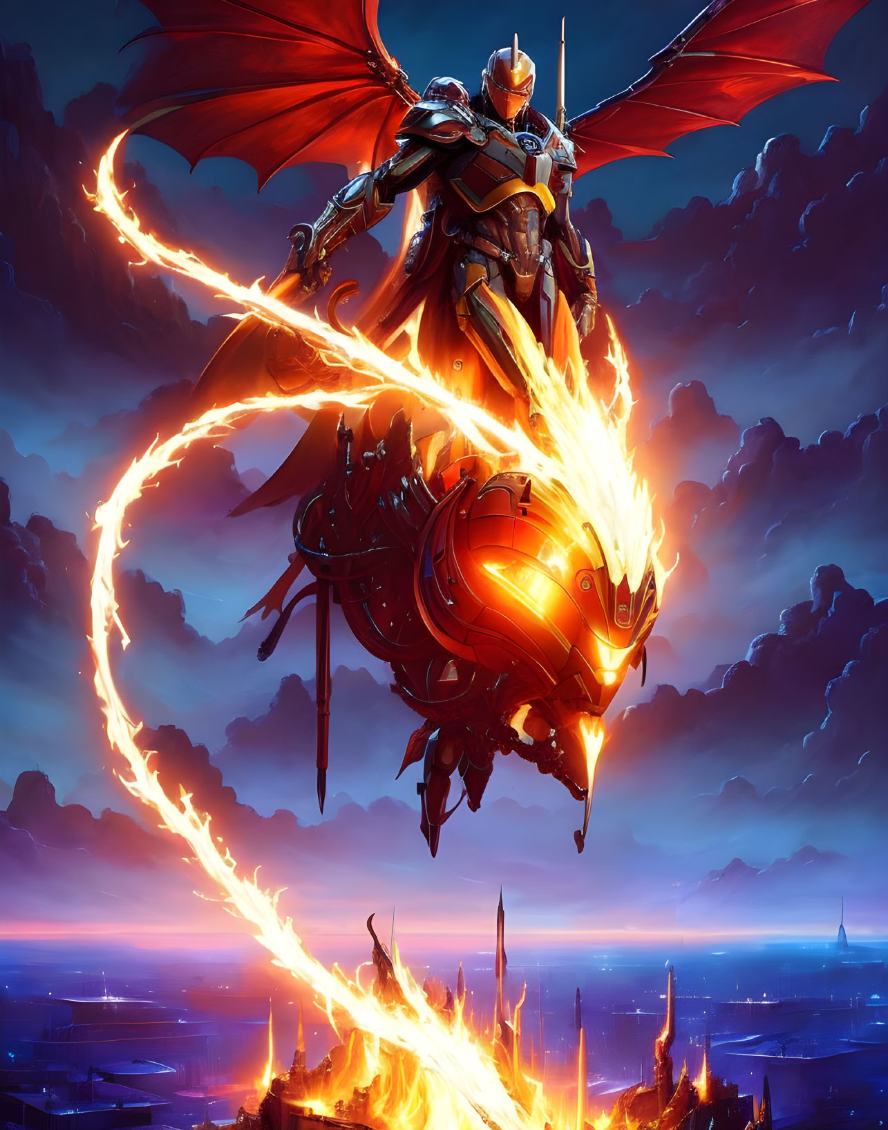 Futuristic knight on flaming mechanical dragon over neon cityscape