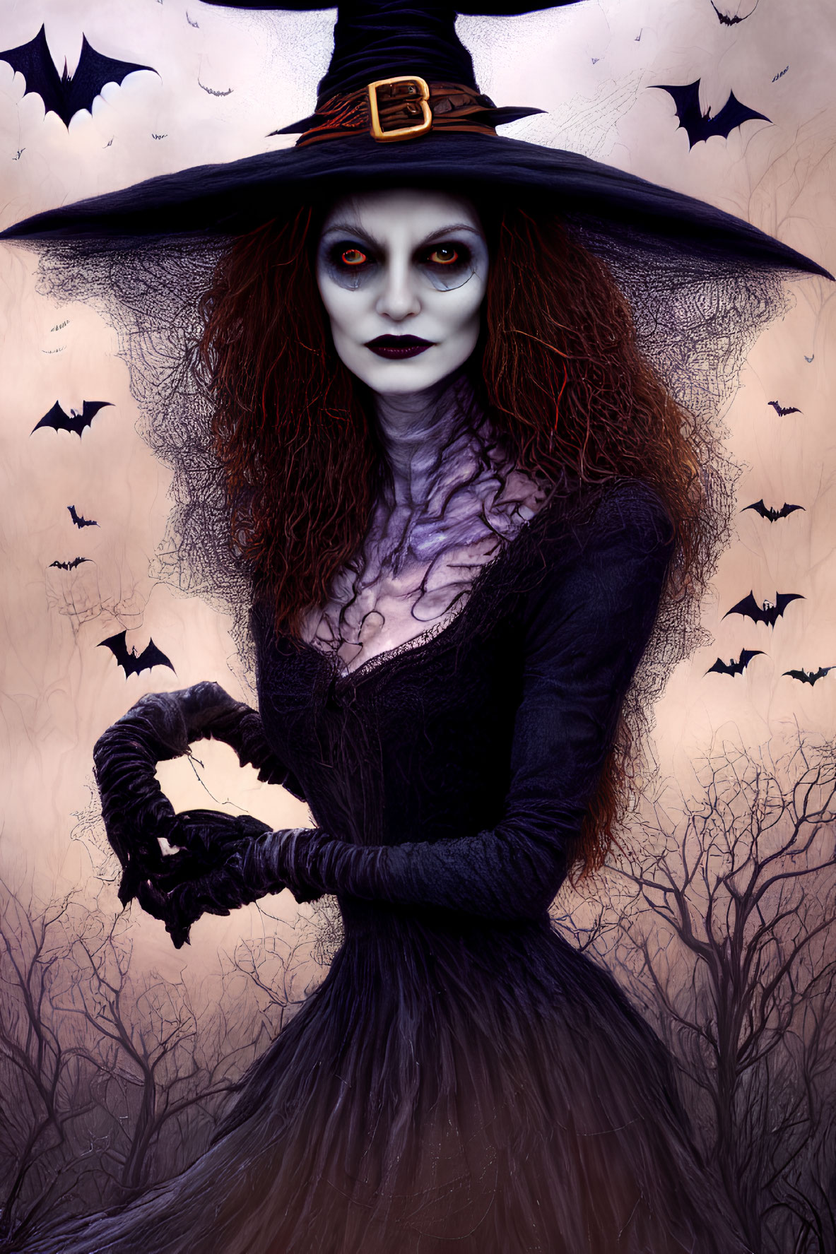 Pale-skinned witch with red eyes in dark attire under purple sky with bats - gothic Halloween scene