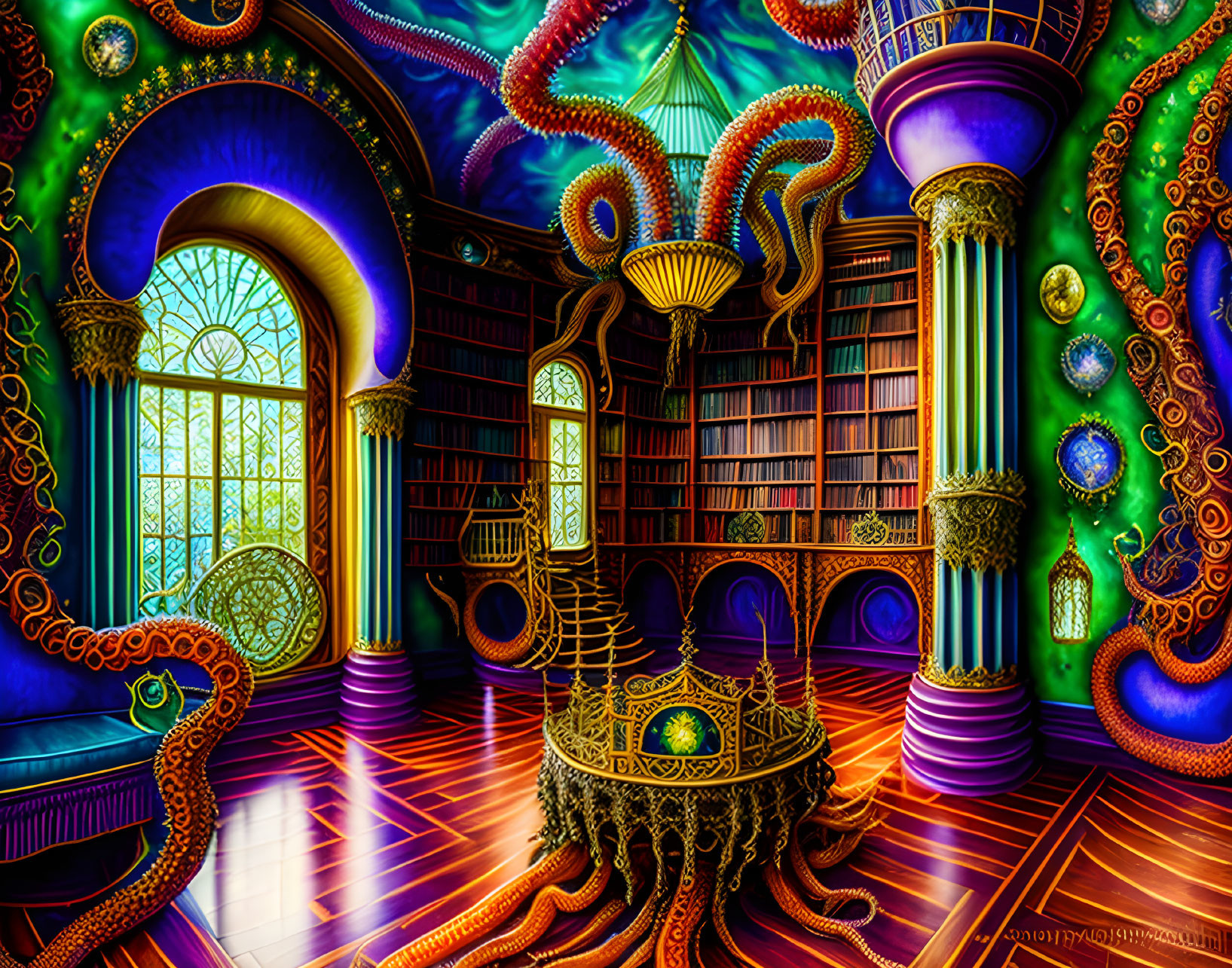 Colorful Psychedelic Interior with Octopus-like Elements, Bookshelves, Stained-Glass