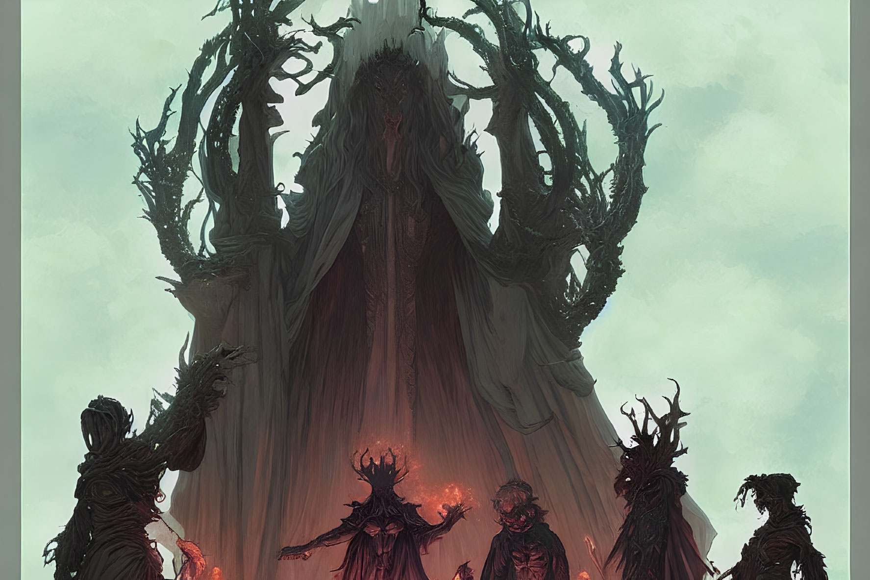 Fantasy artwork featuring twisted tree figure and smaller stylized figures in misty setting