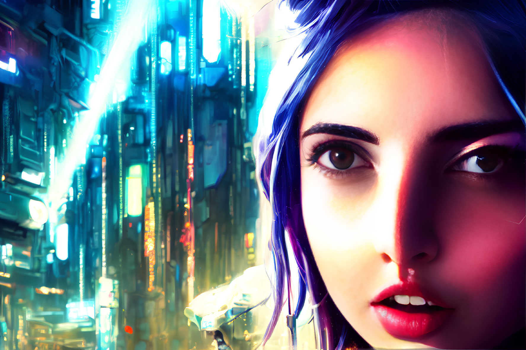 Digitally enhanced portrait of a woman with blue hair in neon-lit cityscape