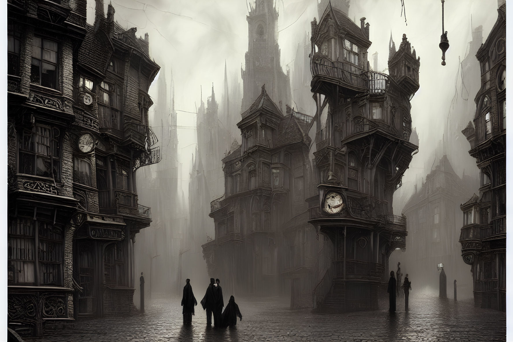 Gothic cityscape shrouded in fog with towering spires and clock