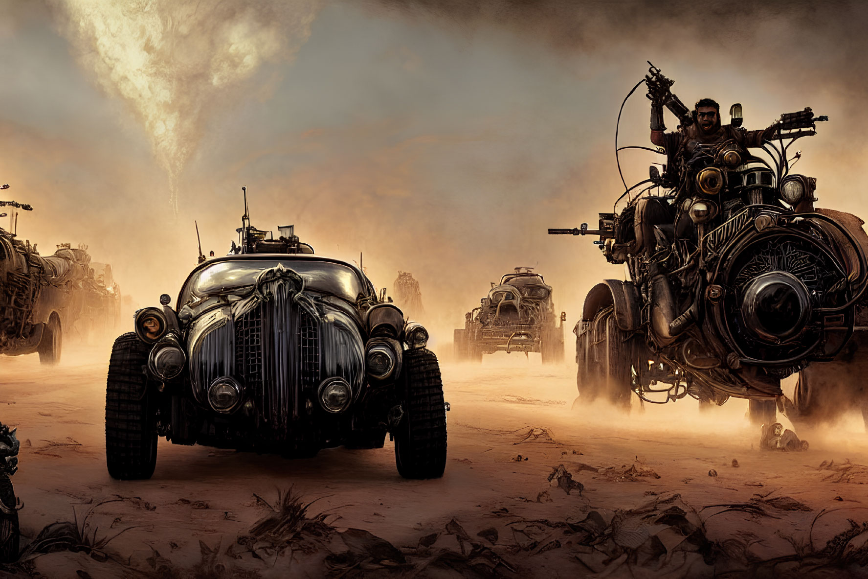 Post-apocalyptic desert scene with modified vehicles and riders amidst swirling sky and dust clouds