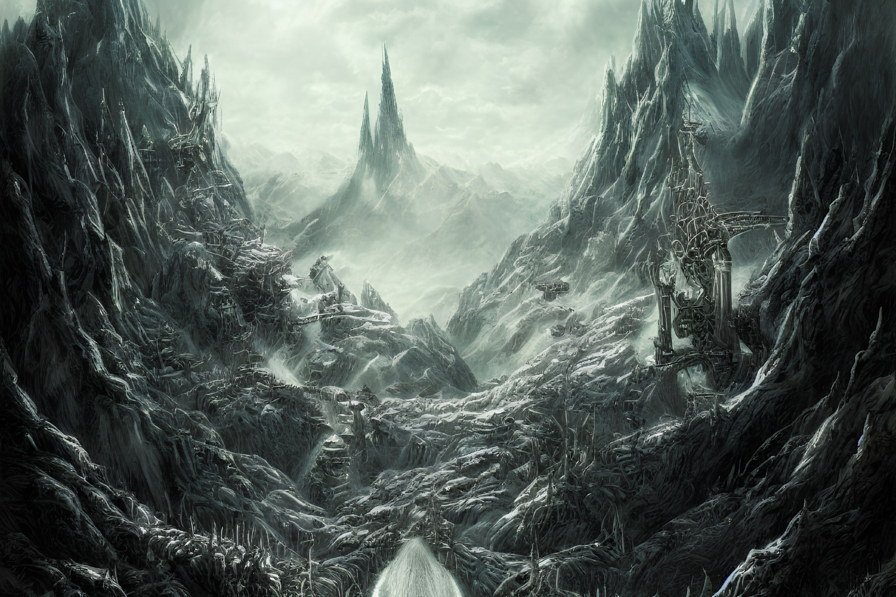 Monochromatic fantasy landscape with jagged mountains and mysterious structures