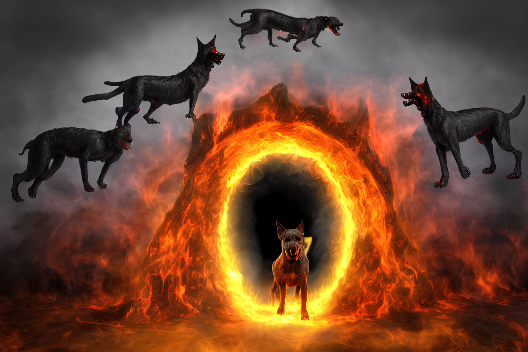 Stylized image of fierce black dogs around fiery lava portal